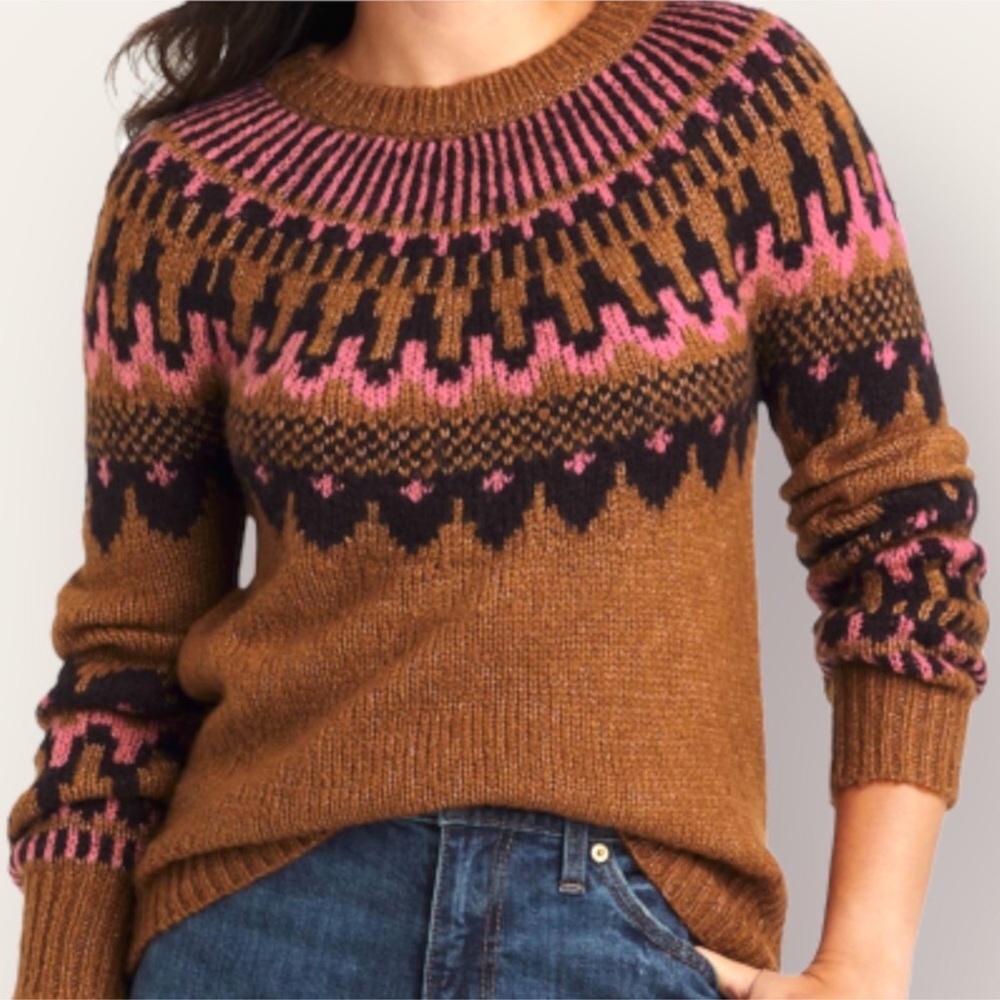 Knox Rose Brown and Pink Fair Isle Crewneck Sweater Small